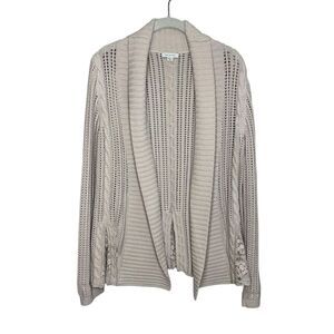 Garnet Hill Cardigan Sweater Small Taupe Open Knit Shawl Collar Lace Trim